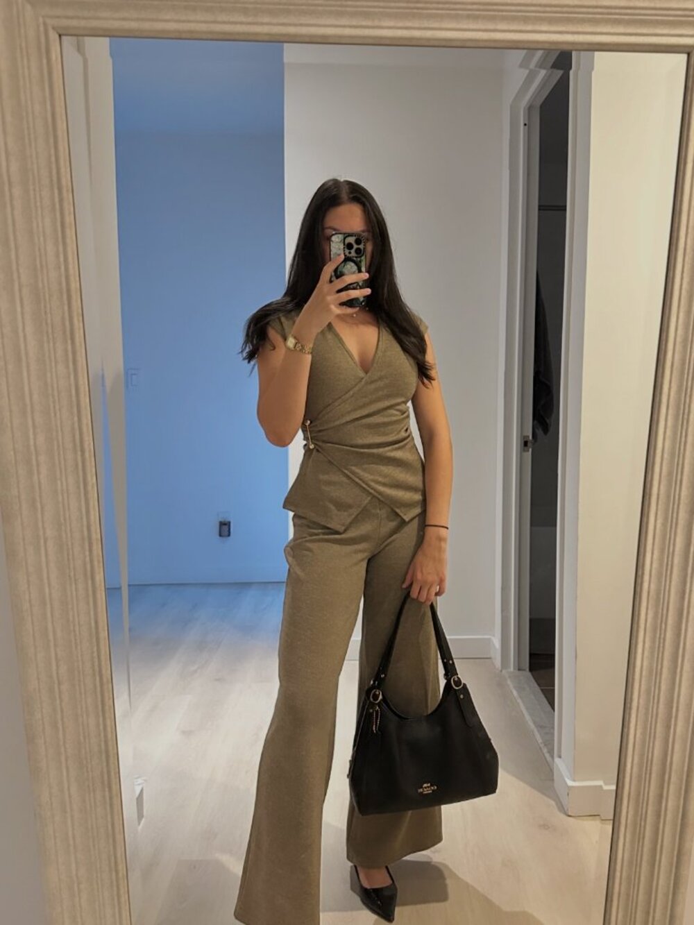 Zara Khaki Wrap Top + Wide-Leg Pants Set S/M